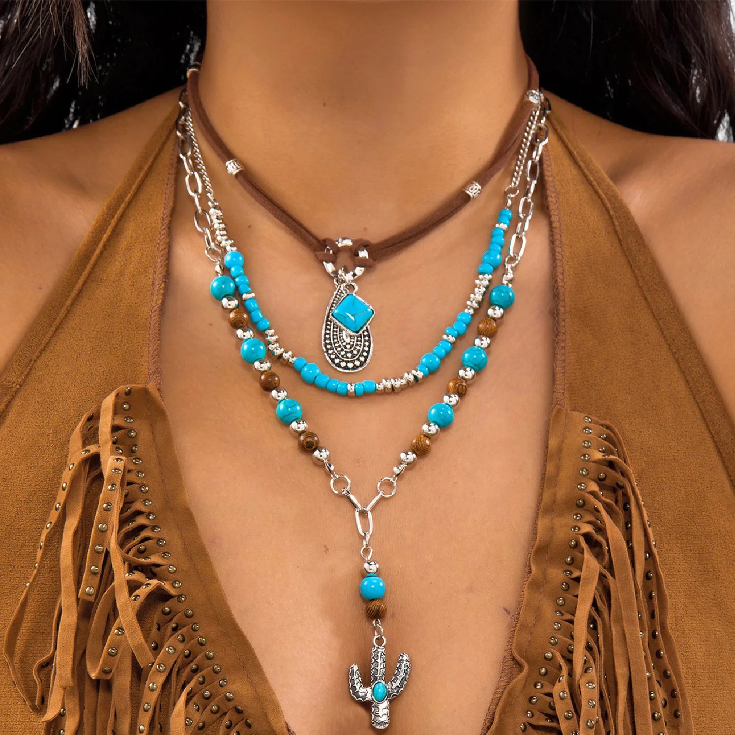 Bohemian Türkis Perlen Western Cowboy Stil Halskette Für Frauen Retro Metall Kaktus Kuh Kopf Anhänger Halsband Mode Schmuck So ist Leben