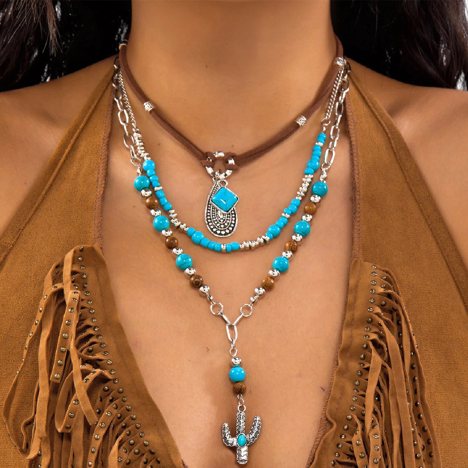 Bohemian Türkis Perlen Western Cowboy Stil Halskette Für Frauen Retro Metall Kaktus Kuh Kopf Anhänger Halsband Mode Schmuck So ist Leben