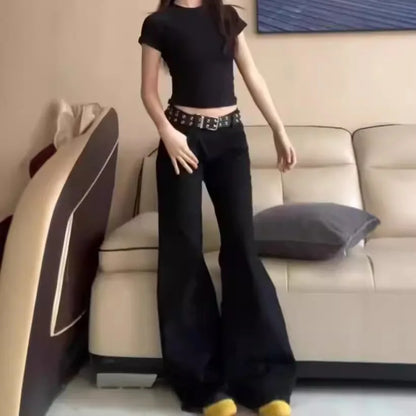 Schwarze Low-Waist-Schlagjeans aus Denim – Trendige, lockere Retro-Hose mit weitem Bein und Bodenlänge für den sexy Street-Style So ist Leben