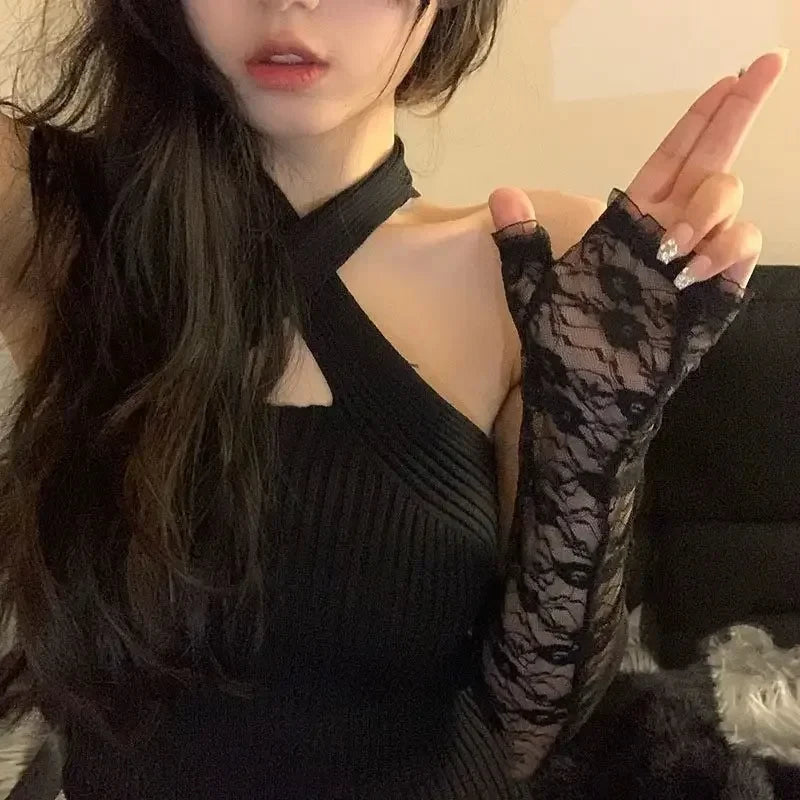 Mesh Fishnet Bowknot Lange Handschuhe für Frauen Spitze Rüschen Fingerlose Handschuhe Fäustlinge JK Lolita Kawaii Weiße Handschuhe UV-Schutz Y2k So ist Leben