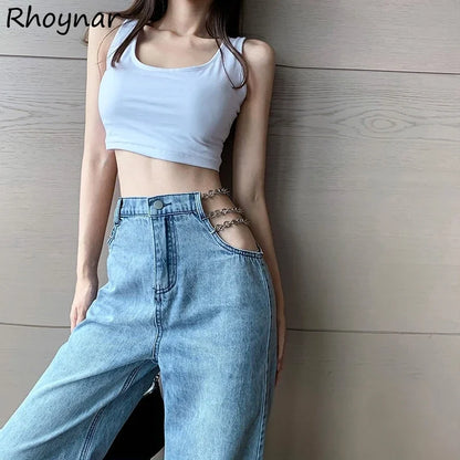 Gerade Jeans Frauen Hohe Taille Metall Dekoration Ketten Aushöhlen Stilvolle Sexy Streetwear Alle-spiel Koreanischen Stil Y2K Ulzzang BF So ist Leben