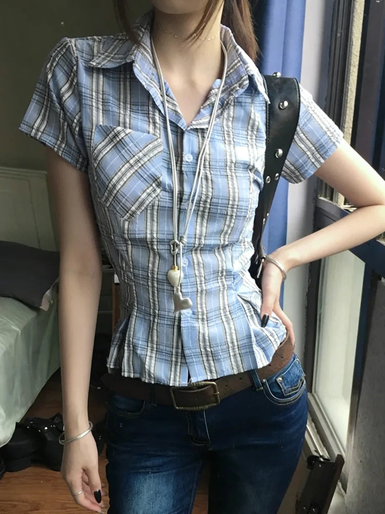 Genayooa Y2k Vintage-Shirt für Damen, kurzärmelig, karierte Bluse und Hemd, japanische 2000er-Jahre-T-Shirt-Tops, Streetwear, amerikanische Retro-Shirts So ist Leben