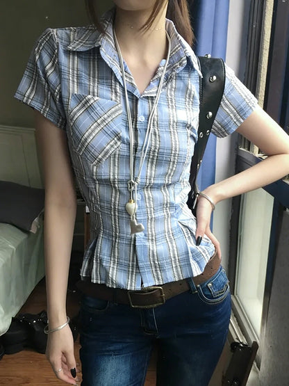 Genayooa Y2k Vintage-Shirt für Damen, kurzärmelig, karierte Bluse und Hemd, japanische 2000er-Jahre-T-Shirt-Tops, Streetwear, amerikanische Retro-Shirts So ist Leben