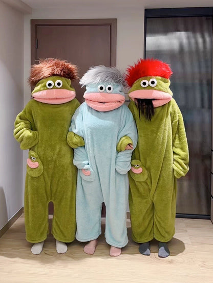 Generisches Big Mouth Monster Coral Fleece Onesie Pyjama Winter Dick Warm Hässlich Niedlich Lustig Haariger Erwachsenen-Loungewear Grün Hellblau So ist Leben
