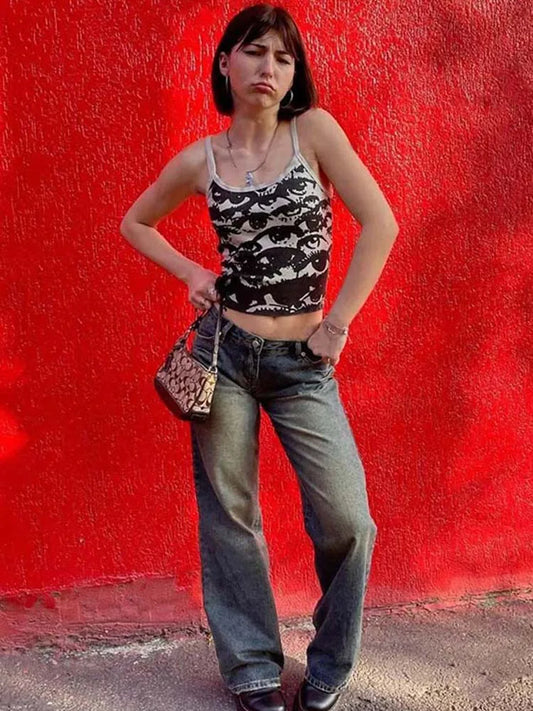 Gothic Porträt Druck T-shirt Ästhetischen Y2K Crop Tops Kurzarm Weste Tees Harajuku Streetwear Weiß Hosenträger Frauen Kleidung So ist Leben