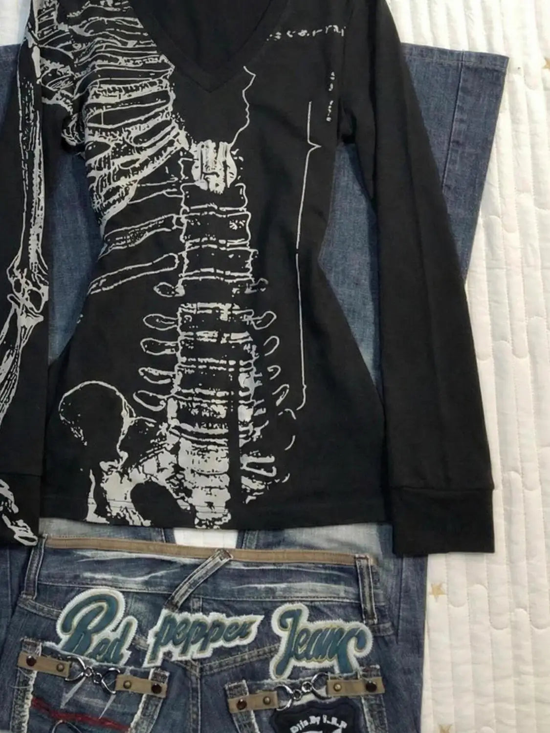 Vintage Totenkopf-Print T-Shirt Y2k 90er Jahre Langarm Goth Punk Ästhetik Harajuku Damenkleidung V-Ausschnitt Slim Hot Girl Grunge Emo Tees So ist Leben