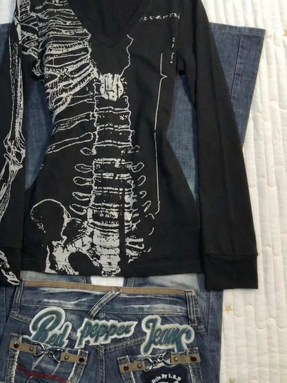 Vintage Totenkopf-Print T-Shirt Y2k 90er Jahre Langarm Goth Punk Ästhetik Harajuku Damenkleidung V-Ausschnitt Slim Hot Girl Grunge Emo Tees So ist Leben