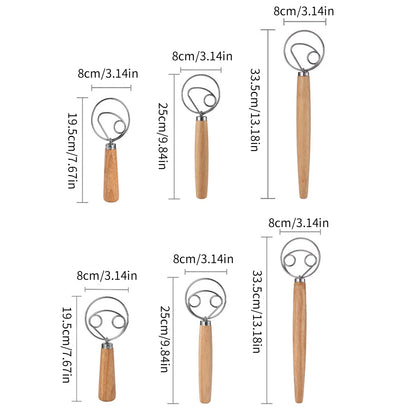1PC Eichengriff Mehlmixer Dänischer Teigmixer Edelstahlspule Schneebesen Werkzeug