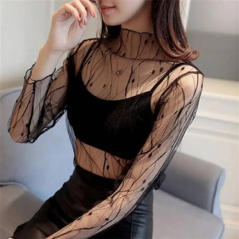 Frauen Spitze Floral T-shirt Transparent Mesh Damen Tops Sheer Blusen Herbst Durchsichtige Rollkragen Schwarz Langarm T-shirt - So ist Leben