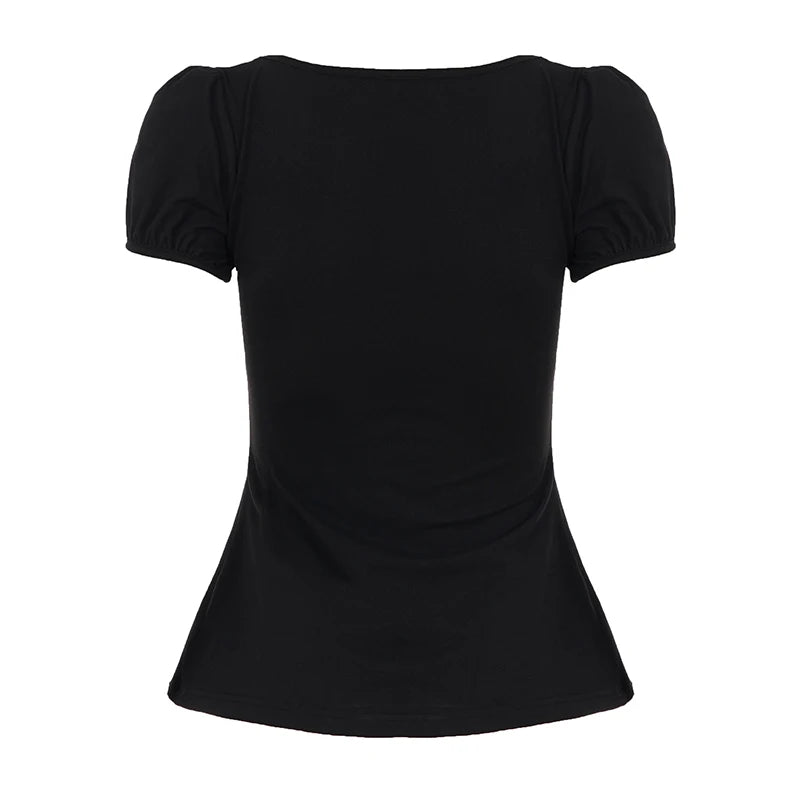 [RUOKE] Lässiges Y2K-Top in Kontrastfarbe für Damen, Frühling, Sommer, quadratischer Ausschnitt, Puffärmel, Schleife, schmale A-Linie, Babydoll-Bluse, süße Coquette So ist Leben