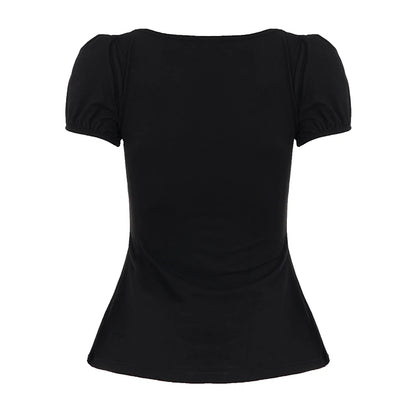 [RUOKE] Lässiges Y2K-Top in Kontrastfarbe für Damen, Frühling, Sommer, quadratischer Ausschnitt, Puffärmel, Schleife, schmale A-Linie, Babydoll-Bluse, süße Coquette So ist Leben