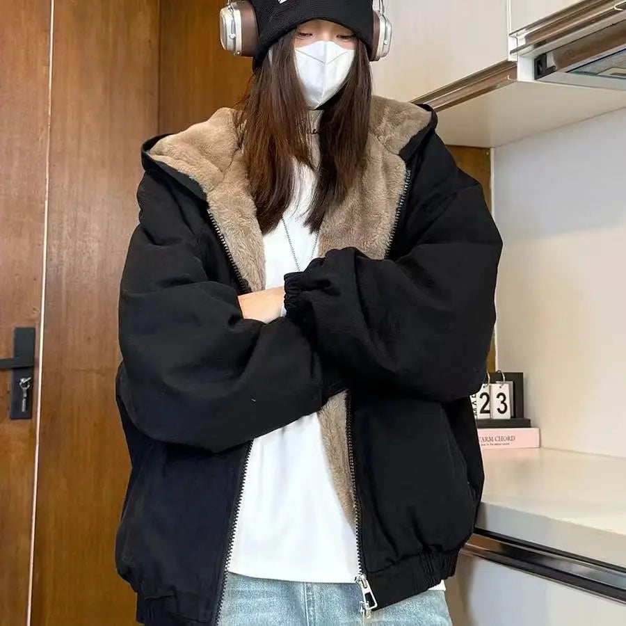Y2K Winter Neue Blaue Plüsch Baumwolle Gefütterte Jacke Unisex Amerikanische High Street Kapuzenjacke Verdickte Paare Casual Mantel So ist Leben