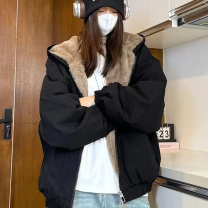 Y2K Winter Neue Blaue Plüsch Baumwolle Gefütterte Jacke Unisex Amerikanische High Street Kapuzenjacke Verdickte Paare Casual Mantel So ist Leben