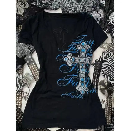 Rock Gothic Streetwear Brief Kreuz Grafik T-shirts Gyaru 2000s Kleidung Harajuku Top Frauen V-ausschnitt Tees Süße Y2k Vintage t-shirt So ist Leben