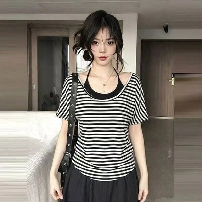 Koreanische süße gestreifte Fake-Two-Tops für Damen, schulterfrei, Vintage, amerikanischer Stil, kurzärmelig, schick, lässig, für den Alltag, Sommer-T-Shirts So ist Leben
