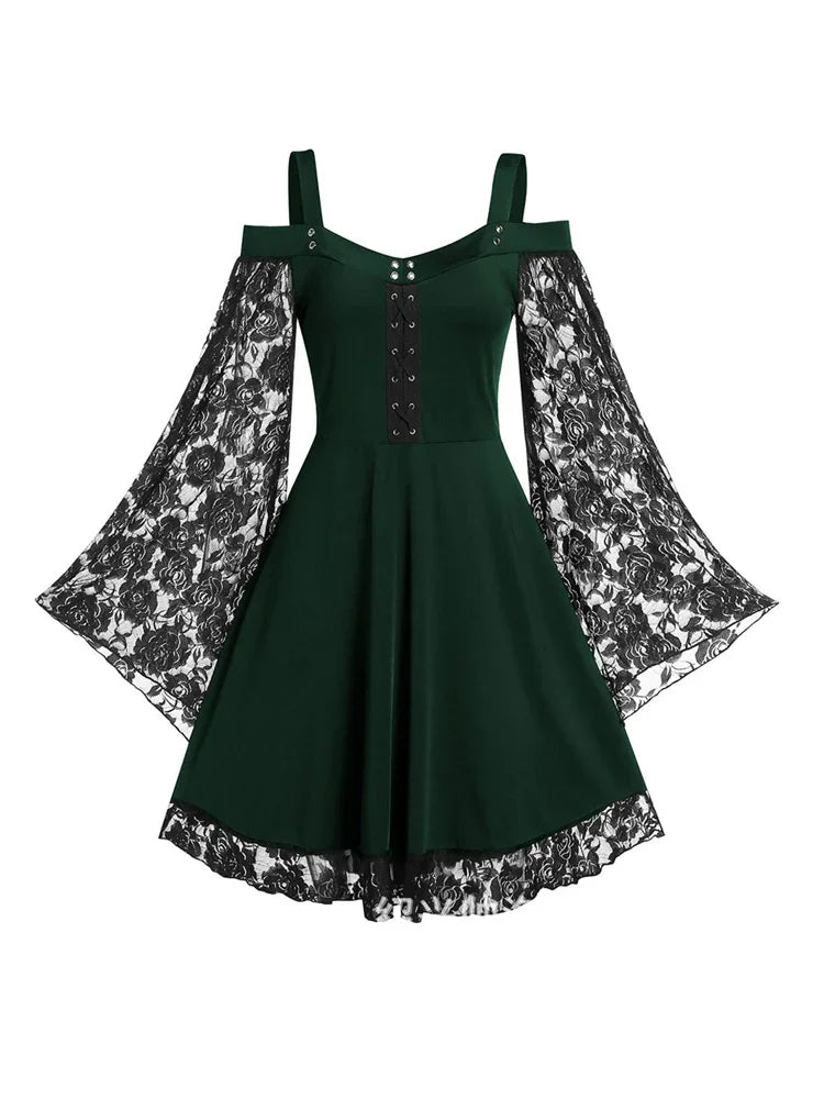 2022 neue Gothic Eine-schulter Spitze Nähte Ausgestellte Ärmel Kleid Literarischen Vintage Herbst Grunge Schwarz A-line Kleid Punk Party So ist Leben