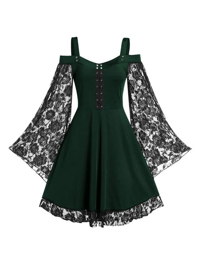 2022 neue Gothic Eine-schulter Spitze Nähte Ausgestellte Ärmel Kleid Literarischen Vintage Herbst Grunge Schwarz A-line Kleid Punk Party So ist Leben