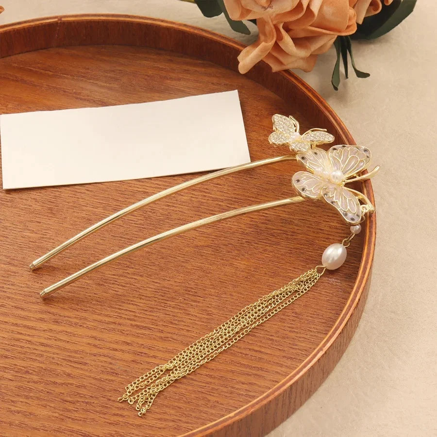 U-förmige Haarnadel aus Metall, Perlen-Schmetterlings-Haar-Accessoire, neuer chinesischer Stil, antikes Gefühl, hochwertige florale Step-Rock-Haarnadel So ist Leben