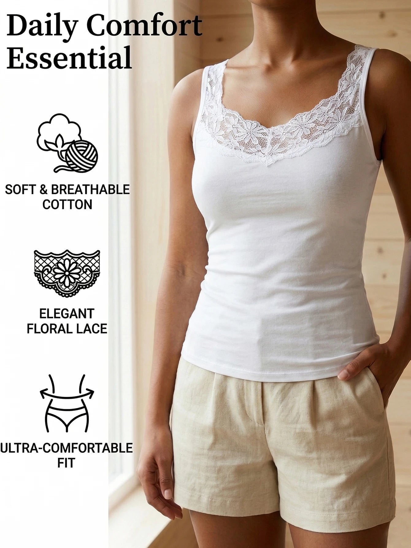 Damen-Unterhemd mit Spitzenbesatz und V-Ausschnitt, ärmelloses Tank-Top, lässig, täglich, bequem, elegantes, schlichtes Unterhemd So ist Leben