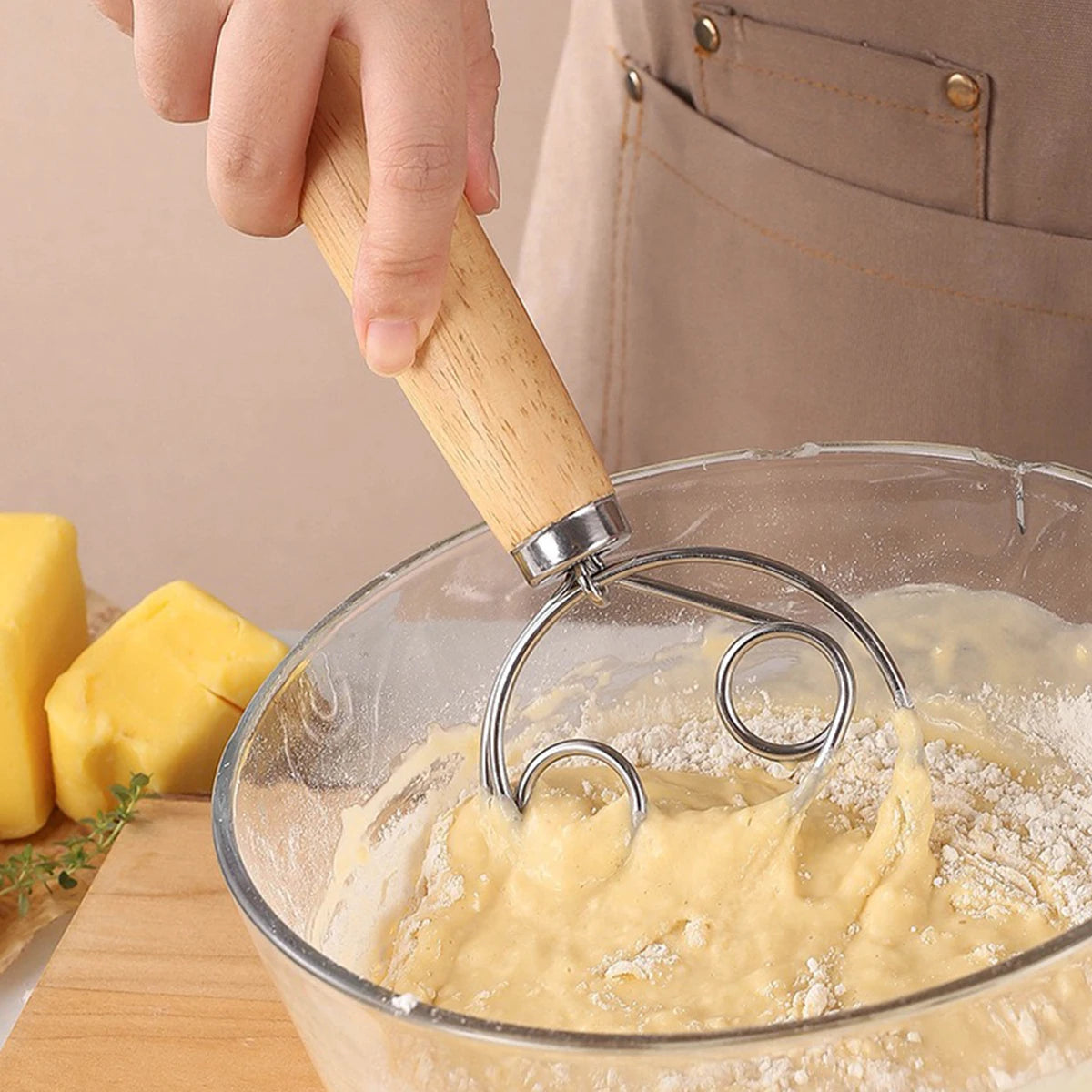 1PC Eichengriff Mehlmixer Dänischer Teigmixer Edelstahlspule Schneebesen Werkzeug