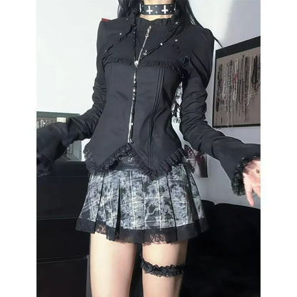 Japanischer Gothic-Lolita-Stil Rock-Sets für Damen, Vintage-Flare-Ärmel, schmales Hemd, dunkler Druck, plissierte Miniröcke, Y2K-Outfits für Frauen So ist Leben