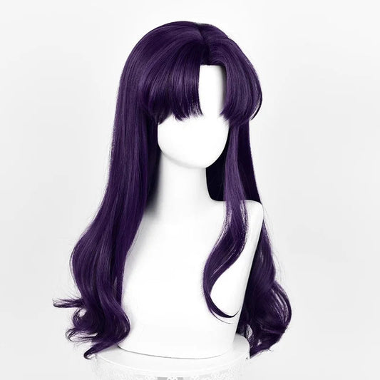Anime EVA Katsuragi Misato Cosplay Perücke 55 cm Lange Perücke Schwarz Lila Lockiges Haar Hitzebeständige Synthetische Perücken Halloween Party So ist Leben