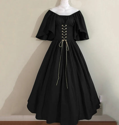 Damen Patchwork Mittelalter Renaissance Kleid Halloween Gothic schulterfreies Retro Langes Kleid So ist Leben