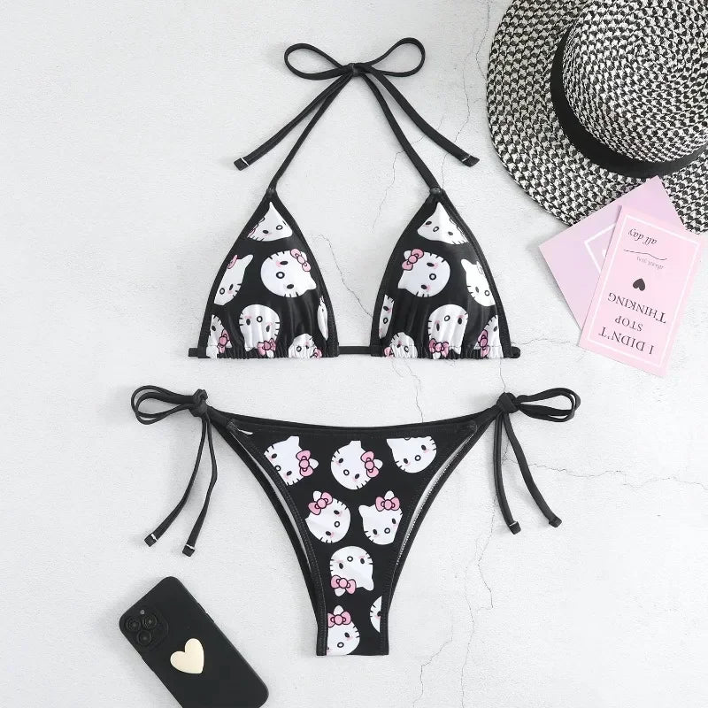 Sanrio Hello Kitty Kawaii Bikinis Set Niedlicher Cartoon Anime Sommer Strand Weiche Seite Riemchenhöschen Kawaii Badeanzug Sexy Bikini Y2k So ist Leben