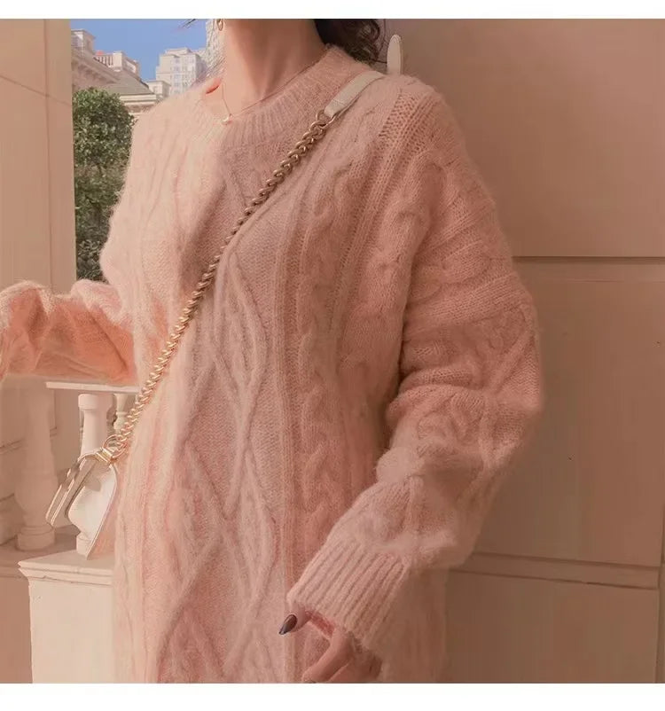 Pullover Frau Winter 2023 Rundhals Bodenbildung Twist Pullover Faul Wind Lose Beiläufige Stricken Pullover Langarm Pullover Jumper So ist Leben