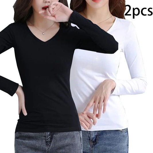 2 stücke Frauen Herbst Dünne Lange-ärmeln T-shirt Dame Thermische Unterwäsche Slim Fit Mode Neue Stil V-ausschnitt Top Schwarz weiß S-5XL So ist Leben