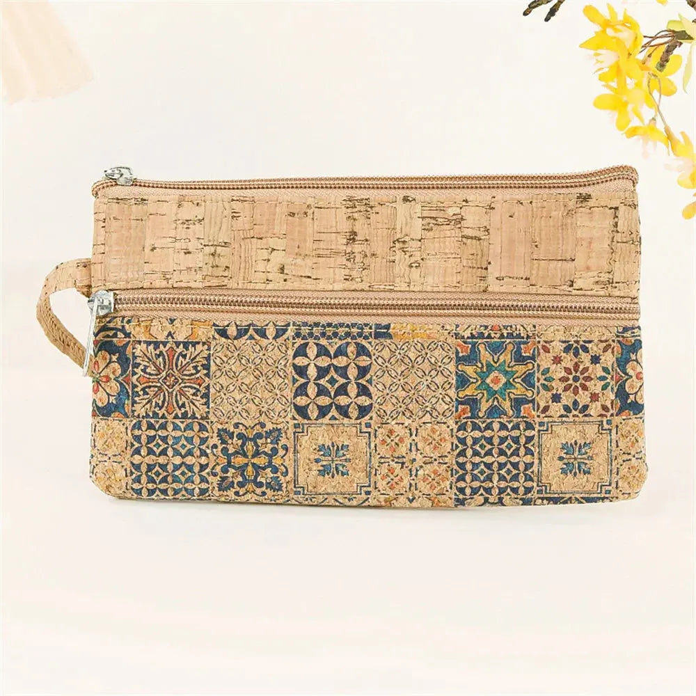 Cork Retro Print Coin Purse Portable Cell Phone Pouch Mini Wallet Double Layer Zipper Money Bag Key Lipstick Organizer Pouch - So ist Leben