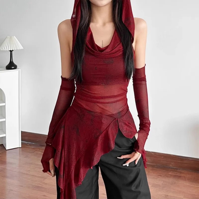 Gothic Mesh Top mit Kapuze – Modernes Y2K Design - So ist Leben
