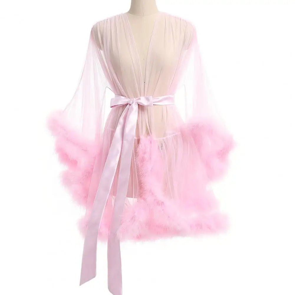 Damen-Nachthemd mit Plüschbesatz, ultradünn, durchsichtig, Netzrüschen mit verstellbarer Taille, einfarbig, Pyjama-Party-Nachtwäsche So ist Leben