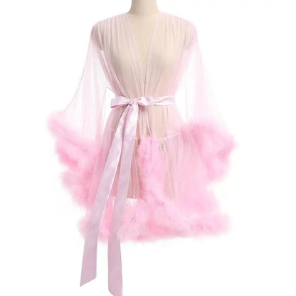 Damen-Nachthemd mit Plüschbesatz, ultradünn, durchsichtig, Netzrüschen mit verstellbarer Taille, einfarbig, Pyjama-Party-Nachtwäsche So ist Leben