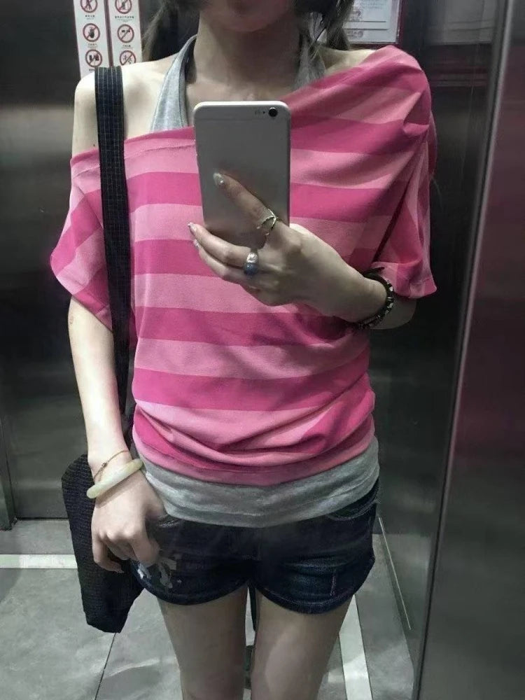Koreanische süße gestreifte Fake-Two-Tops für Damen, schulterfrei, Vintage, amerikanischer Stil, kurzärmelig, schick, lässig, für den Alltag, Sommer-T-Shirts So ist Leben