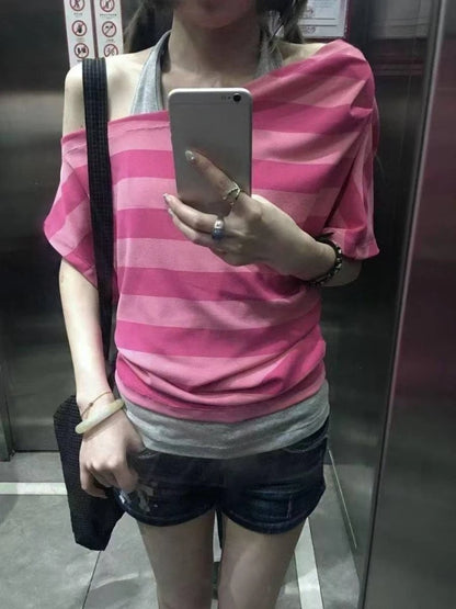 Koreanische süße gestreifte Fake-Two-Tops für Damen, schulterfrei, Vintage, amerikanischer Stil, kurzärmelig, schick, lässig, für den Alltag, Sommer-T-Shirts So ist Leben