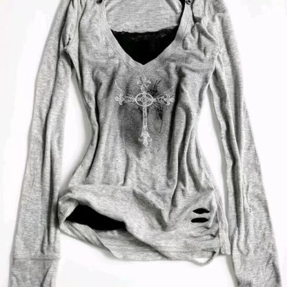 Deeptown Y2k Grau Gothic Grafik Damen T-Shirts Grunge Vintage Hollow Out V-Ausschnitt Langarm T-Shirts Slim Punk Gyaru Streetwear So ist Leben