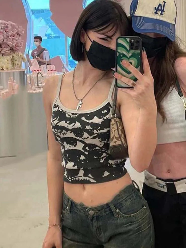 Gothic Porträt Druck T-shirt Ästhetischen Y2K Crop Tops Kurzarm Weste Tees Harajuku Streetwear Weiß Hosenträger Frauen Kleidung So ist Leben
