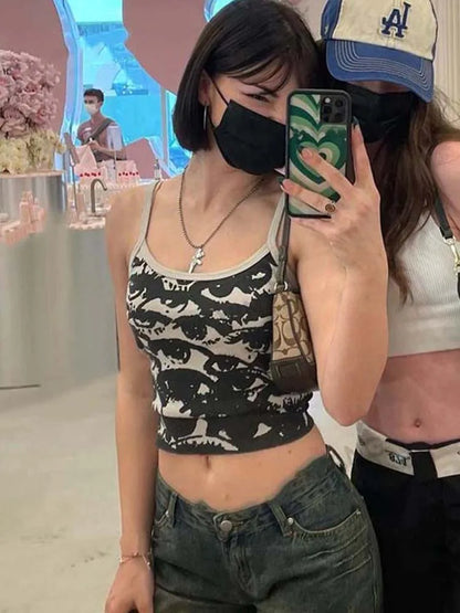 Gothic Porträt Druck T-shirt Ästhetischen Y2K Crop Tops Kurzarm Weste Tees Harajuku Streetwear Weiß Hosenträger Frauen Kleidung So ist Leben