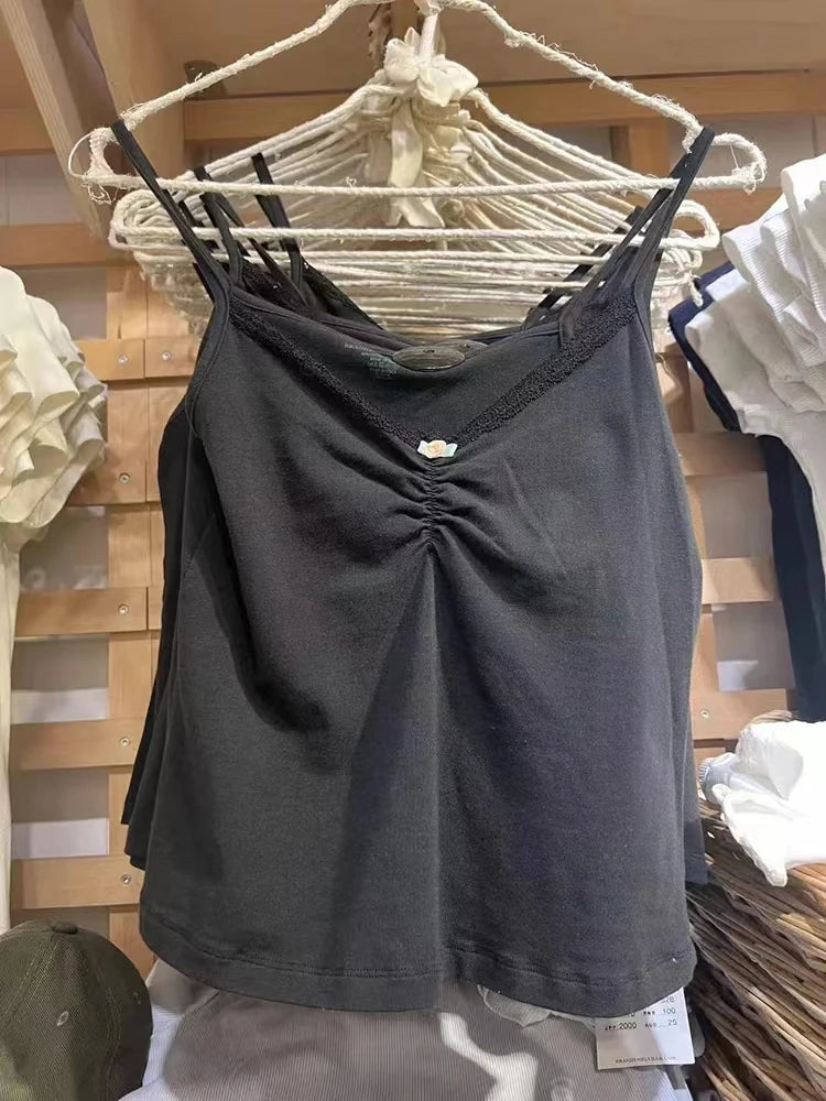 Weißes, ärmelloses Tanktop mit Spitzenbesatz für Damen, lässig, weiche Baumwolle, V-Ausschnitt, schmal geschnittene Westen, Vintage, süß, süß, Preppy-Stil, Camis So ist Leben