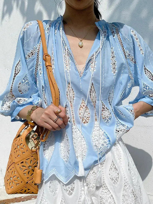 Stickerei Sommer Lose Frauen Bluse Blau Weiß Tops - So ist Leben