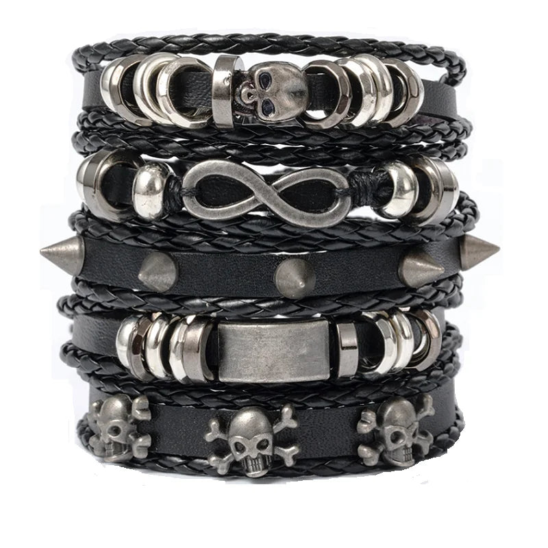 Punk Multilayer Antike Leder Armband Set Schädel Auge Stern Charms Hiphop Rock Y2K Vintage Pu Gothic Armband Mann Goth Schmuck So ist Leben