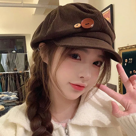 RICYGVM Retro Knopf Cord Achteckige Kappe Für Frauen Maler Künstler Hut Japanische Mädchen Braun Schirmmützen Herbst Winter Berets So ist Leben