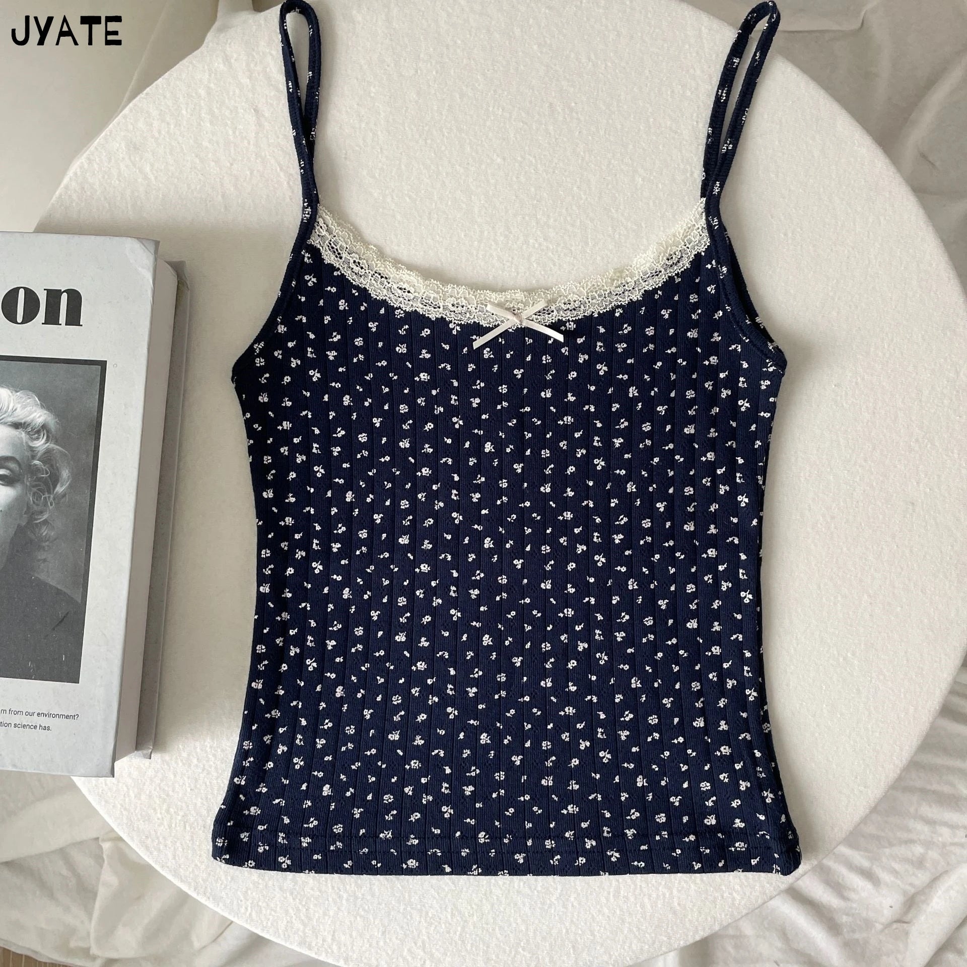 Süße Blumendruck Öse Schleife abgeschnittene Westen Frauen Baumwolle beiläufige dünne Spitzenbesatz Tank Tops Vintage Adrette süße Leibchen Y2K So ist Leben