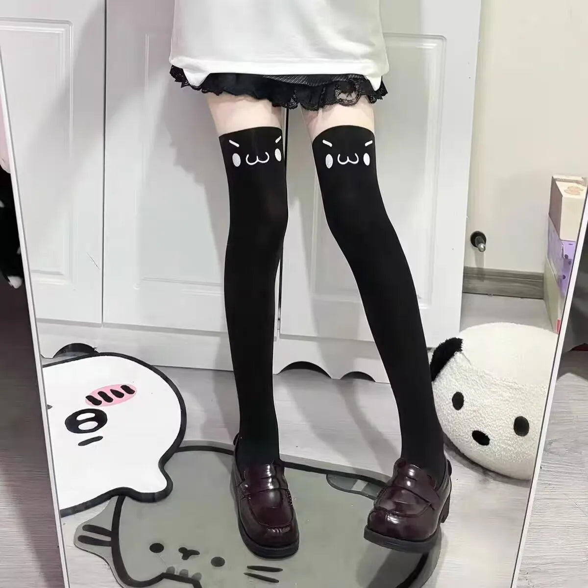 Lolita Kniestrümpfe Oberschenkelhohe Strümpfe Y2K Hosenträger Cartoon Süße Frauenstrümpfe JK Mädchen Overknee-Socken Oberschenkelhohe Socken So ist Leben