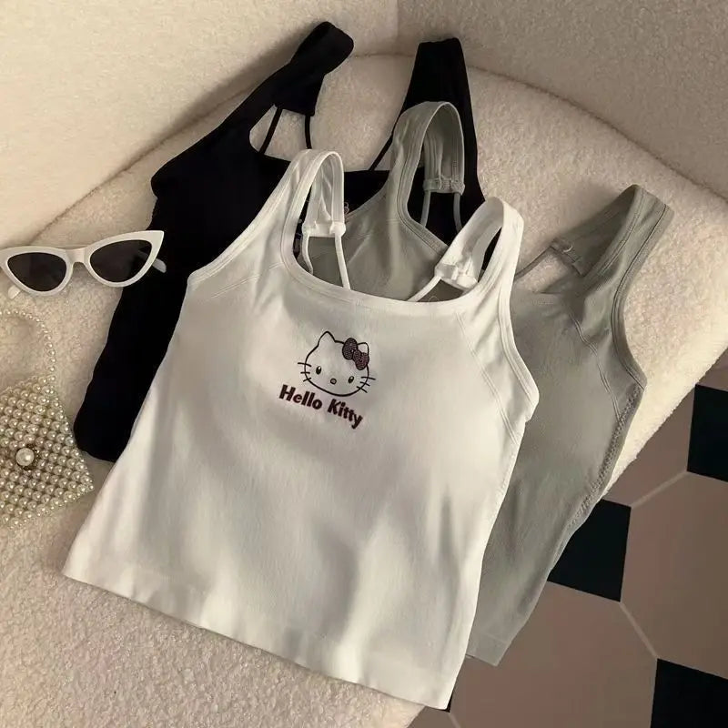 Sanrio Hello Kitty Girl Tops Kawaii Damenbekleidung Y2K mit Brustpolster Weste Sommermode Weiß Sexy Hosenträger Mädchen Geschenk Neu So ist Leben