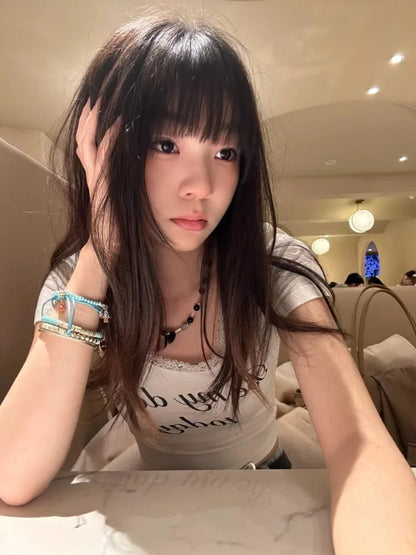 Harajuku u Hals Spitze süße Ernte T-Shirts Frauen schlanken Brief druck y2k ästhetische T-Shirts lässig Vintage Grunge Bottom ing T-Shirts So ist Leben