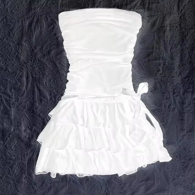 Einfarbiges Kleid mit Schleife und Dekoration, modisches Spitzenrand, lässiges Y2K-Top, emotionales Mädchen, urbane Schönheit, schickes, schlankes, süßes Straßenfrauenkleid So ist Leben