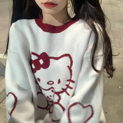 Sanrio Hello Kitty Kawaii Pullover Anime Frühling Winter Preppy Strickpullover Langarm Mädchen Oberteile Lockerer O-Ausschnitt Trend Süß So ist Leben