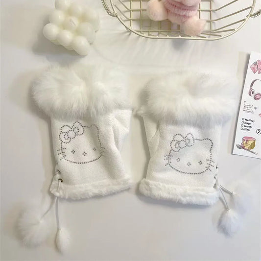 Sanrio Hello Kitty Leder-Halbfinger-Handschuhe aus Kaninchenfell, warme Winter- und süße Handschuhe, die kältebeständige Handschuhe schreiben So ist Leben